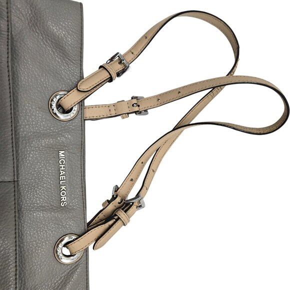 Michael Kors Pebbled Leather Shoulder Tote Bag Gray Taupe Silver Hardware Purse - Picture 4 of 16